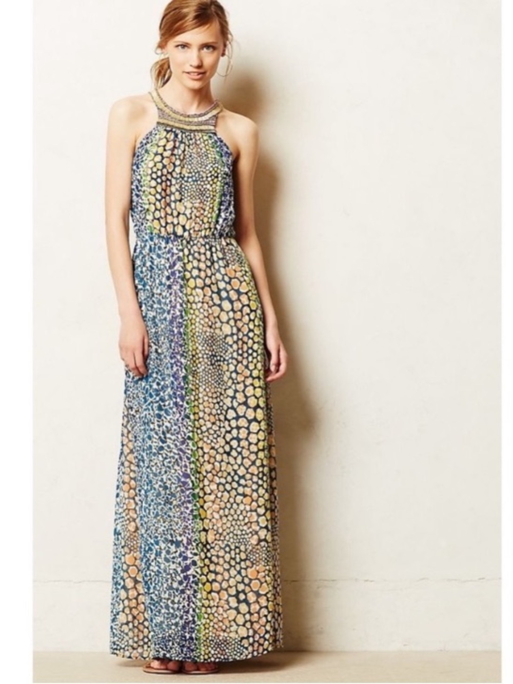 Anthropologie HD in Paris Mayacamas Multicolor Print Embellished Maxi Dress 0